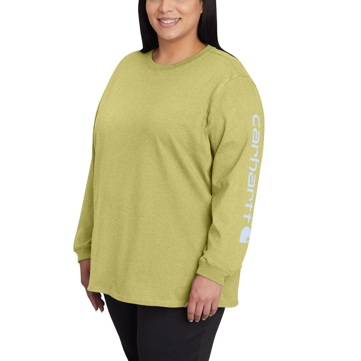 Carhartt Shirts: Women's 103401 GB9 Green Olive Heather Loose Fit Heavy Weight Long Sleeve Graphic T-Shirt - Image 2