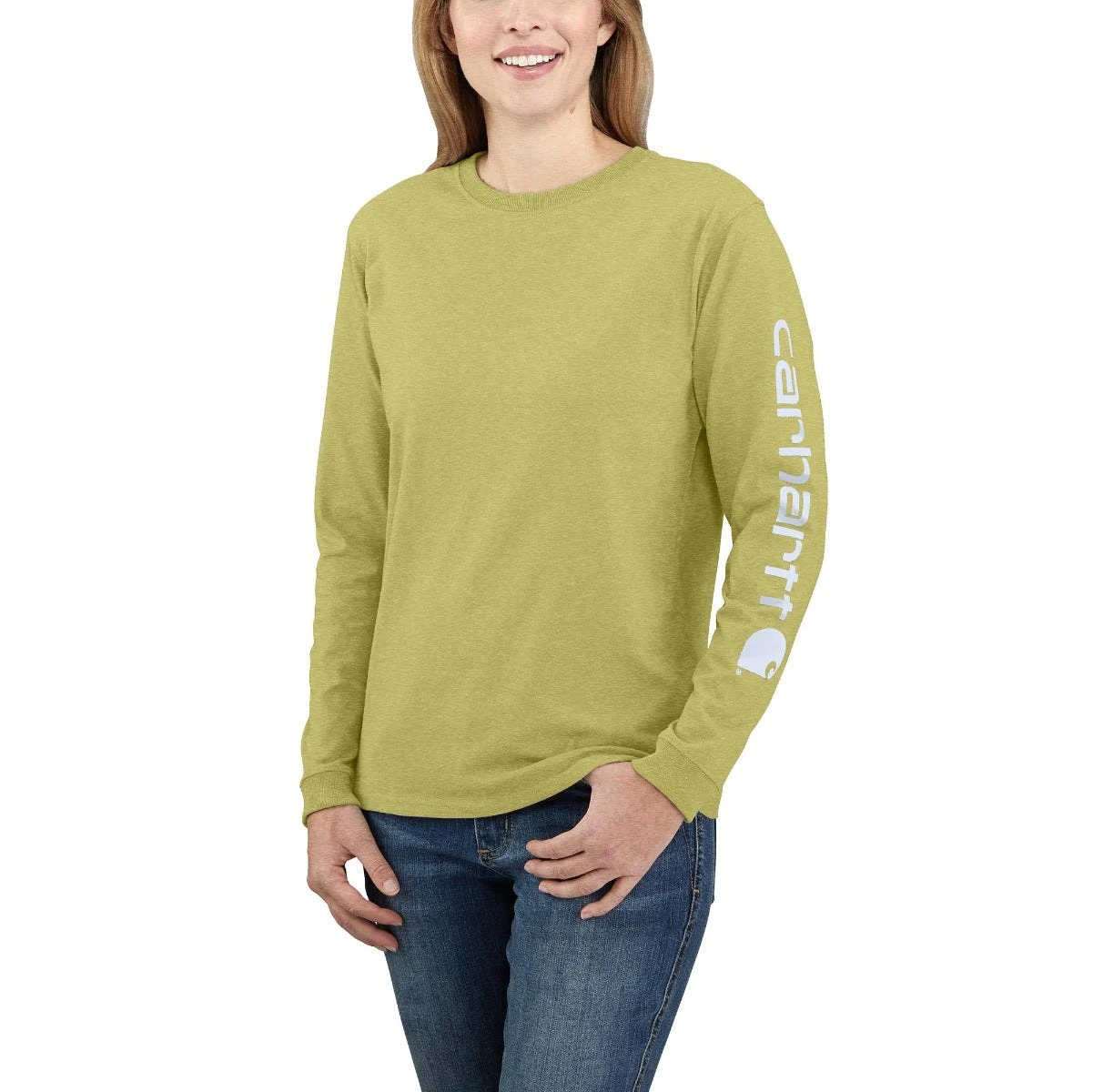 Carhartt Shirts: Women's 103401 GB9 Green Olive Heather Loose Fit Heavy Weight Long Sleeve Graphic T-Shirt