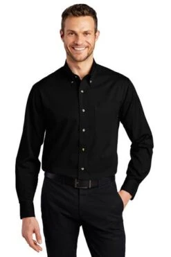 Port Authority Shirts: Men's S600T BK Black Button Down Long Sleeve Twill Shirt