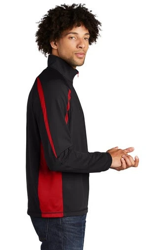 Sport-TeK Sweatshirts: Men's ST851 BTR Black True Red Stretch 1/2-Zip Colorblock Pullover - Image 3
