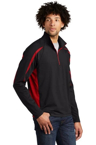 Sport-TeK Sweatshirts: Men's ST851 BTR Black True Red Stretch 1/2-Zip Colorblock Pullover - Image 2