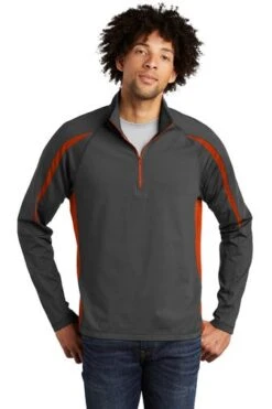 Sport-TeK Sweatshirts: Men's ST851 CGDO Charcoal Grey Deep Orange Stretch 1/2-Zip Colorblock Pullover