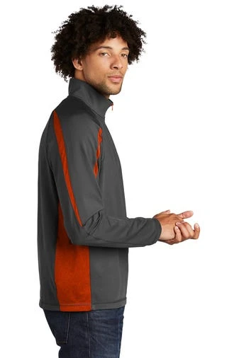 Sport-TeK Sweatshirts: Men's ST851 CGDO Charcoal Grey Deep Orange Stretch 1/2-Zip Colorblock Pullover - Image 3