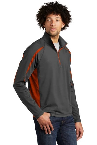 Sport-TeK Sweatshirts: Men's ST851 CGDO Charcoal Grey Deep Orange Stretch 1/2-Zip Colorblock Pullover - Image 2
