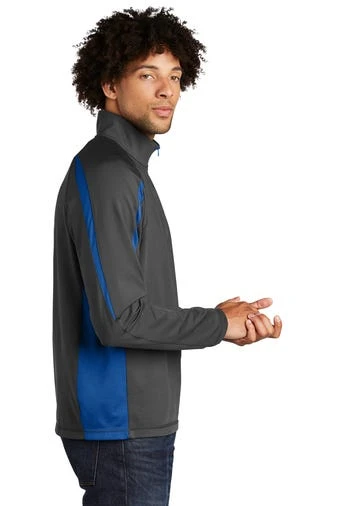 Sport-TeK Sweatshirts: Men's ST851 CGTR Charcoal Grey True Royal Stretch 1/2-Zip Colorblock Pullover - Image 3