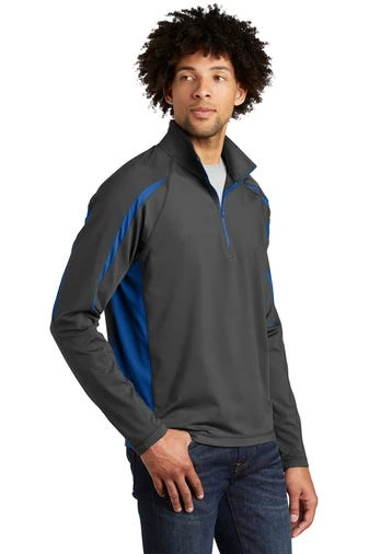Sport-TeK Sweatshirts: Men's ST851 CGTR Charcoal Grey True Royal Stretch 1/2-Zip Colorblock Pullover - Image 2