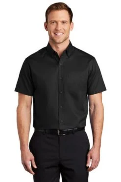 Port Authority Shirts: Men's S664 BLK Black Button Down Short Sleeve SuperPro Twill Shirt