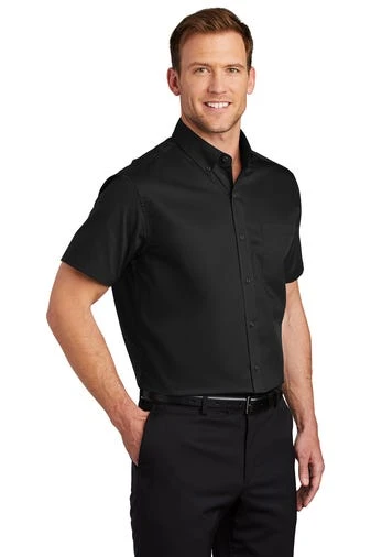 Port Authority Shirts: Men's S664 BLK Black Button Down Short Sleeve SuperPro Twill Shirt - Image 2