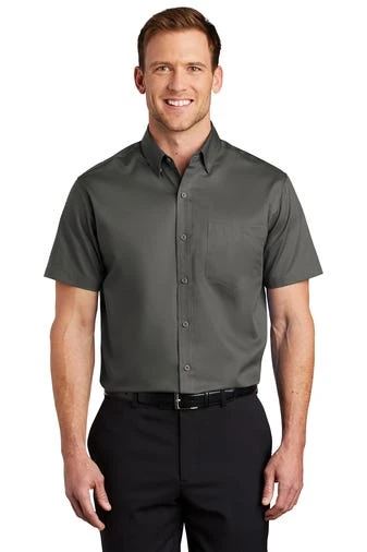 Port Authority Shirts: Men's S664 STGY Sterling Grey Button Down Short Sleeve SuperPro Twill Shirt