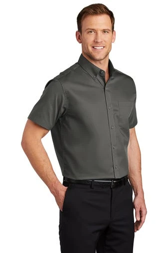 Port Authority Shirts: Men's S664 STGY Sterling Grey Button Down Short Sleeve SuperPro Twill Shirt - Image 2