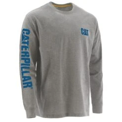 CAT Apparel Shirts: Men's 1510034 12653 Heather Grey Blue Long-Sleeve Cotton Trademark Tee Shirt
