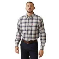 Ariat Shirts: Men's 10043743 Navy White Plaid FR Chiseled Button Down Long Sleeve Work Shirt